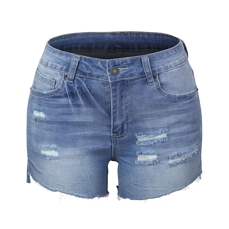

2022 Summer Blue Mid waisted Cotton Denim Shorts Women Breasted Jean Shorts Ripped Washed Ladies Beach Denim Shorts Femme J384