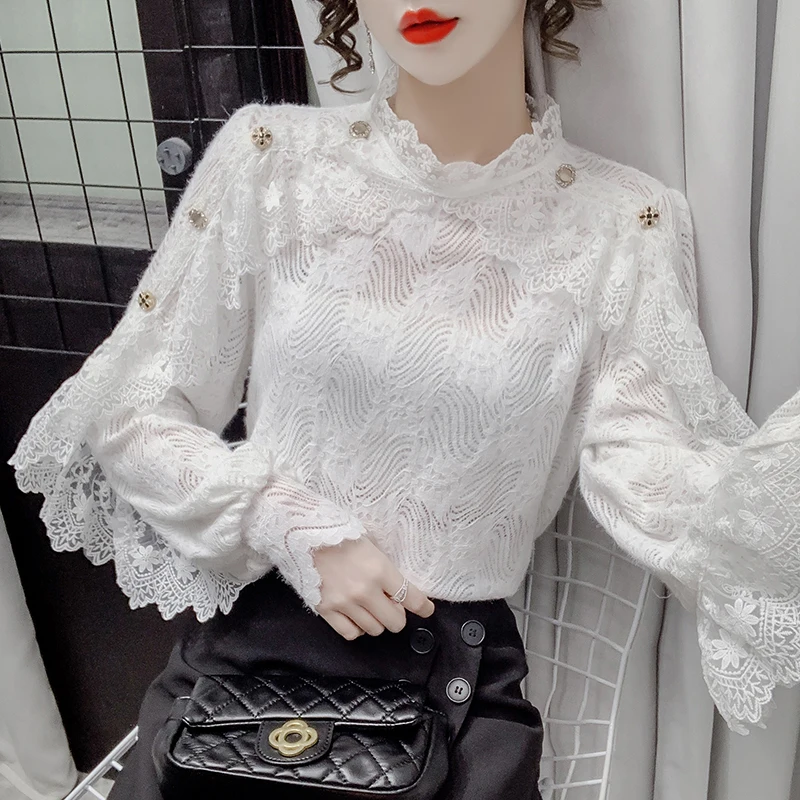 

Pullover Long Sleeve Crocheted Lace Slim Women's Spring Autumn 2022 New Blusa De Mujer Lace Ruffle Flowers Blouses Shirts 957E