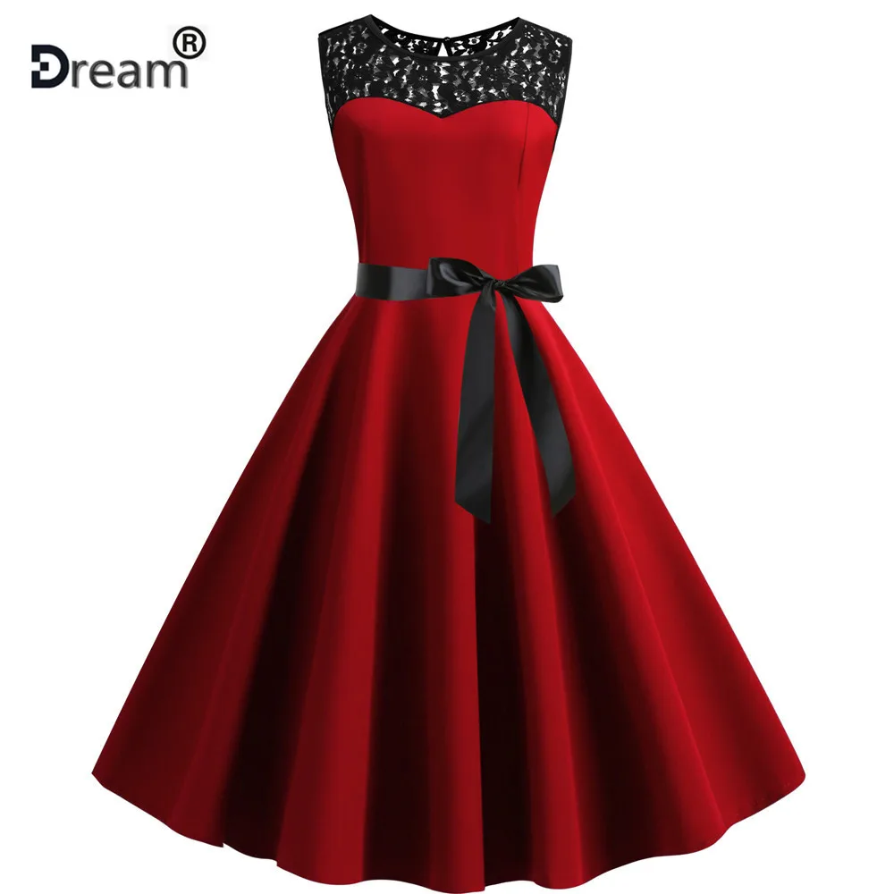 Женское винтажное платье с кружевом красное миди пышной юбкой в стиле рокабилли