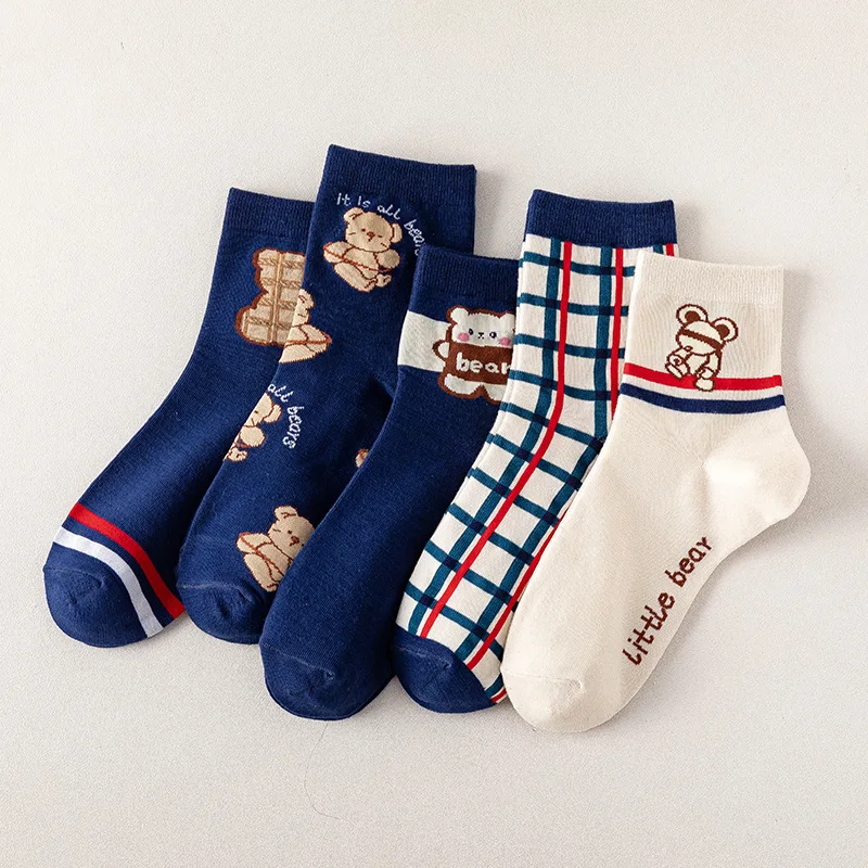 5 Pairs Socks Sport Sock Girl Style Bag Women to Medium Tube Short Woman Lovely Japanese Style Women's Shoes Kawaii Bear Pattern