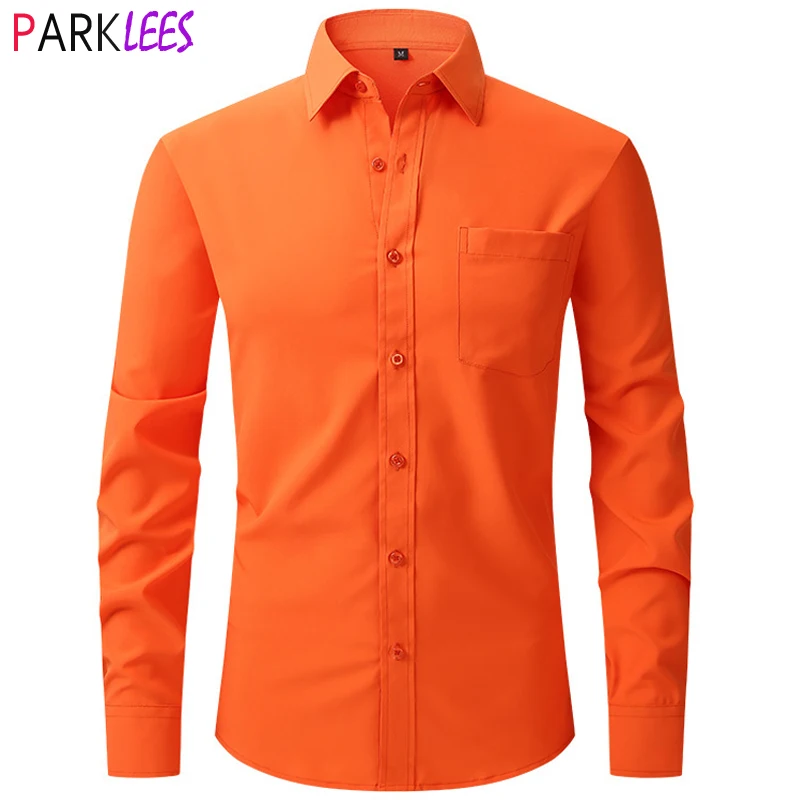 Orange Stretch Dress Shirt Men 2023 Brand New Regular Fit Long Sleeve Button Down Shirt Wrinkle-Free Easy Care Chemise Homme 2XL