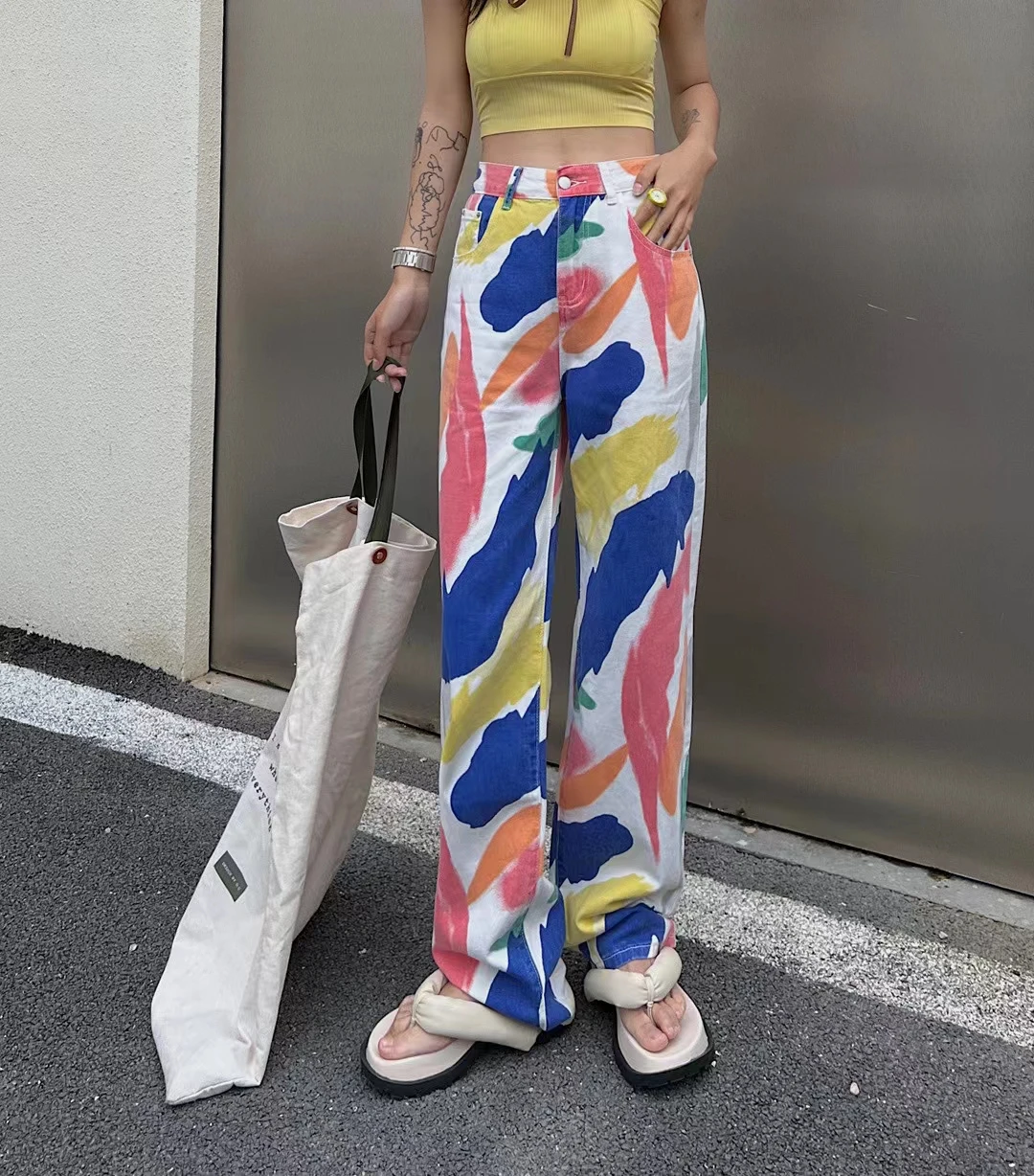 

Retro High Street Tie-Dye Jeans Women's Washed Wide-Leg Pants 2022 Summer Fall New Denim Trousers Ladies Casual Jean Trouser