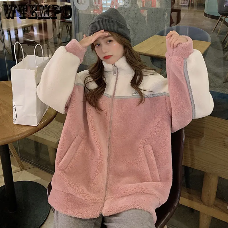 

Winter Letter Pink Zippercoat Lamb Wool Keep Warm Mid-length Women Sweatshirt Embroidery Cute Wool Jacket Fashion Lady Pullover