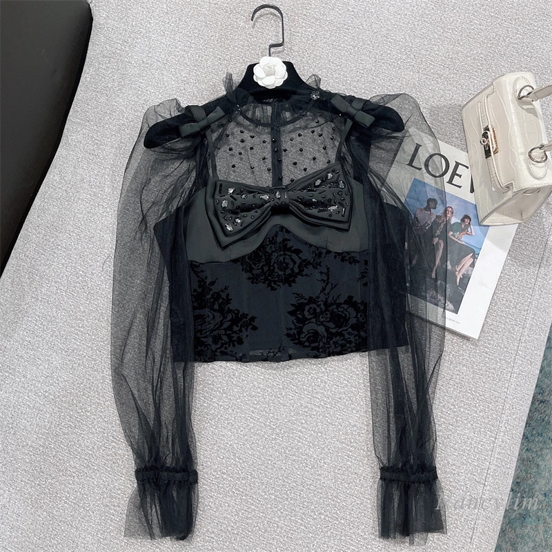 

Женский топ с бантом на подтяжках, черная сетчатая верхняя одежда с защитой от солнца, рубашка из двух предметов, лето-осень 2022