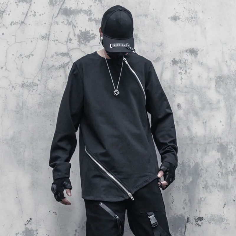 

Men's Black Oblique Zipper Round Neck Pullover Sweater Spring And Autumn New Fashion Trend Asymmetric High Street Top