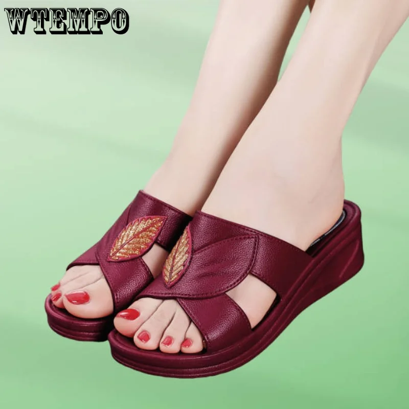 

WTEMPO Woman Summer Sandals Women Leather Flat Comfortable Footwear Beach Slippers Women's Wedge Low Heels Shoes Dropshipping