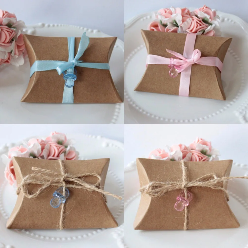 

kraft paper pillow style candy box baby shower favors with pacifiers charm baptism Birthday Party favor presents candy boxes