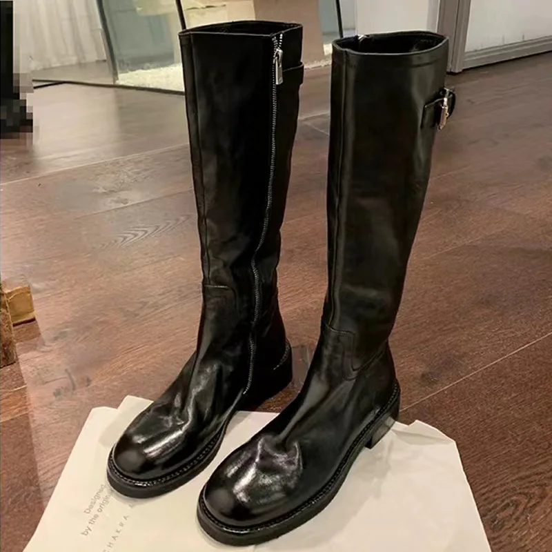 

2023 Autumn Winter New Thick-soled side-zip belt-buckle high boots 1.107