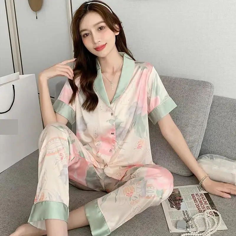 

Floral Print Summer Pajamas Suit for Women Ice Silk 2PCS Sleepwear Comfort Home Clothes Spring Autumn Full Sleeve Pant Nightwear