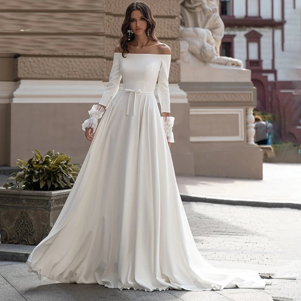 

Ramanda Simple Satin Boat Neck Wedding Dress 2023 A-Line Long Sleeve Floor Length Bows Sash Bridal Gown Elegant Cвадебное платье