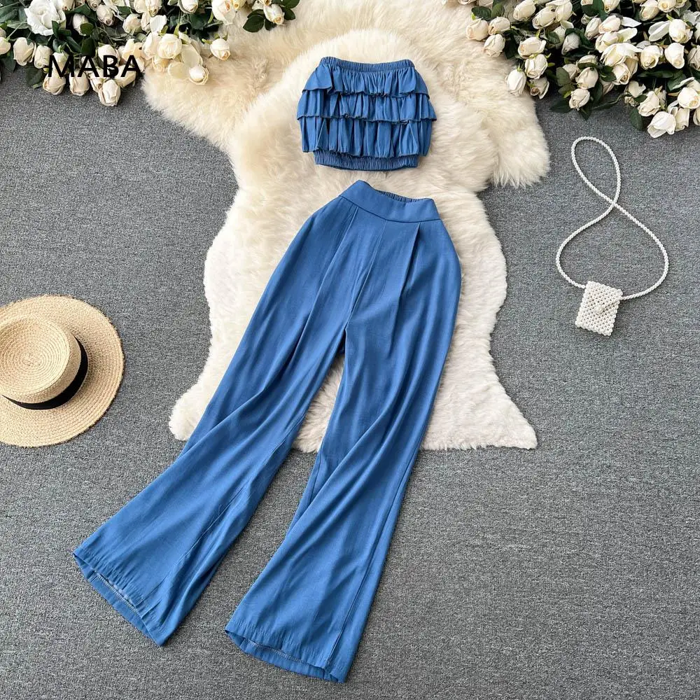 

Fashion Designer Holiday Women Pants Two Piece Set Summer Off Shoulder Sexy Ruffle Strapless Crop Top+ Wide Leg Pants Set 2022