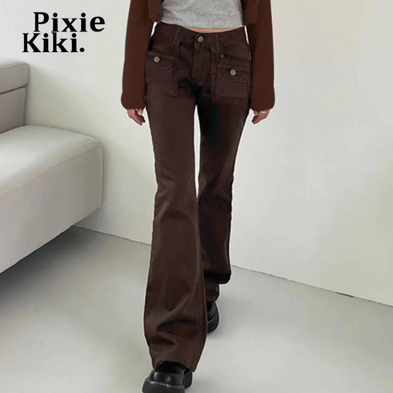 

Женские джинсы с низкой посадкой PixieKiki Grunge Y2k, коричневые джинсовые брюки, уличная винтажная одежда, расклешенные брюки