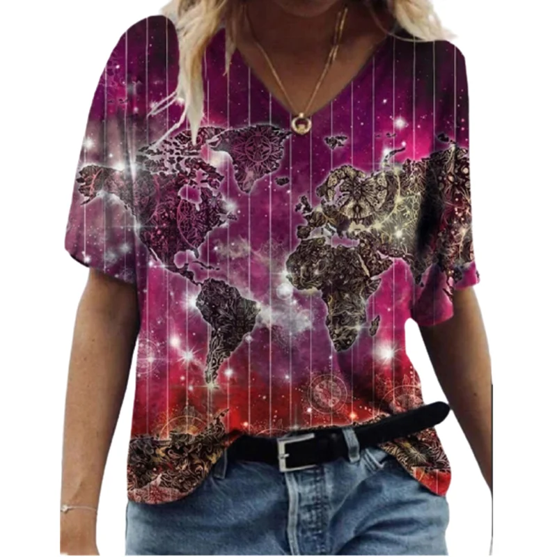 

3D Women Print Tshirts Summer Casual V-Neck Loose T Shirt Ladies Short Sleeve Pullovers Tops 2022 Boho Summer Clothing