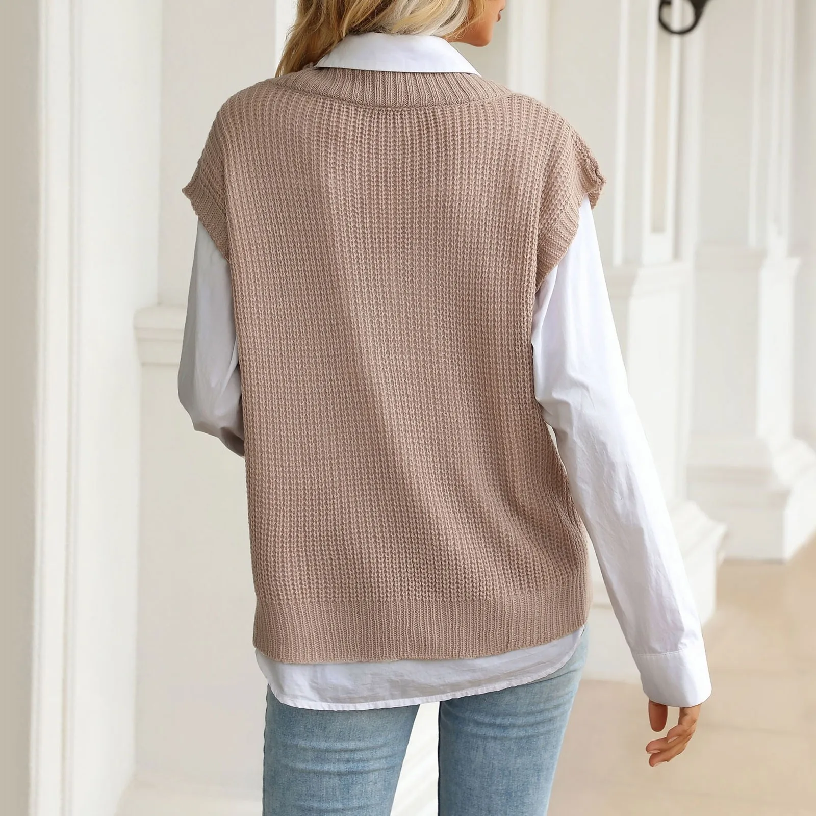 Жилет с V-образным вырезом Женский однотонный вязаный свитер без рукавов