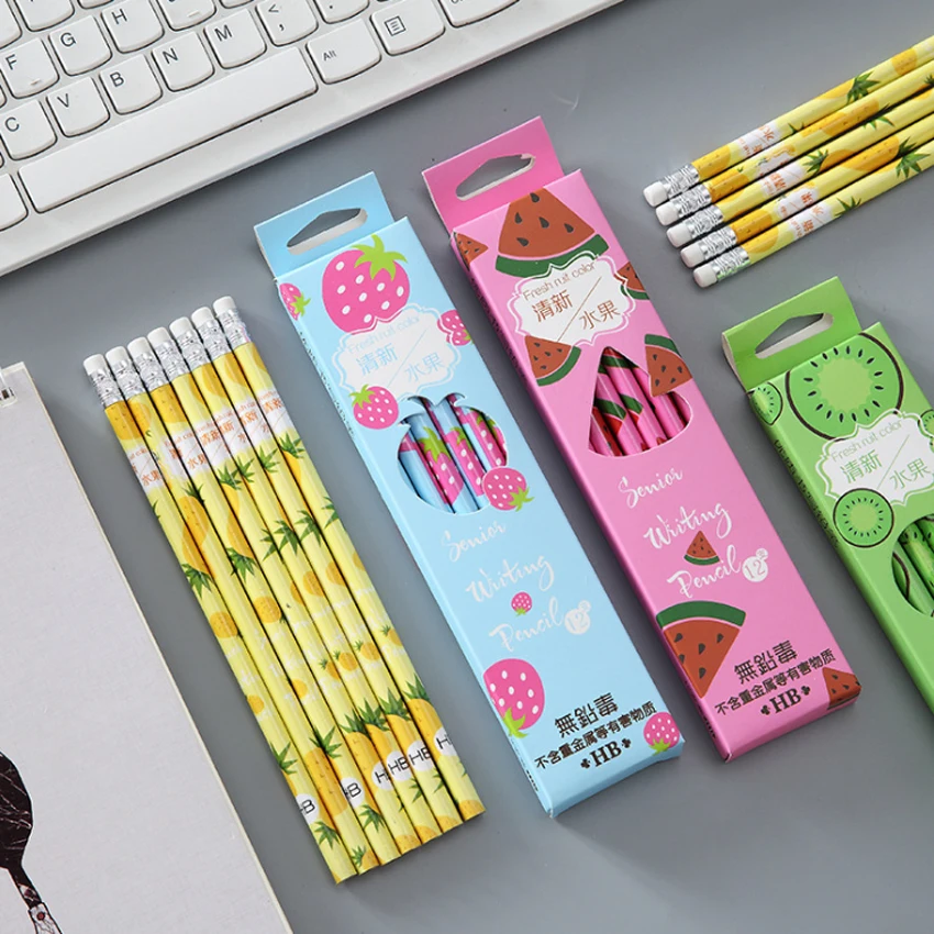 

12pcs/lot Fruit design Strawberry /watermelon/ pineapple/ kiwi wooden pencils with eraser painting pencils