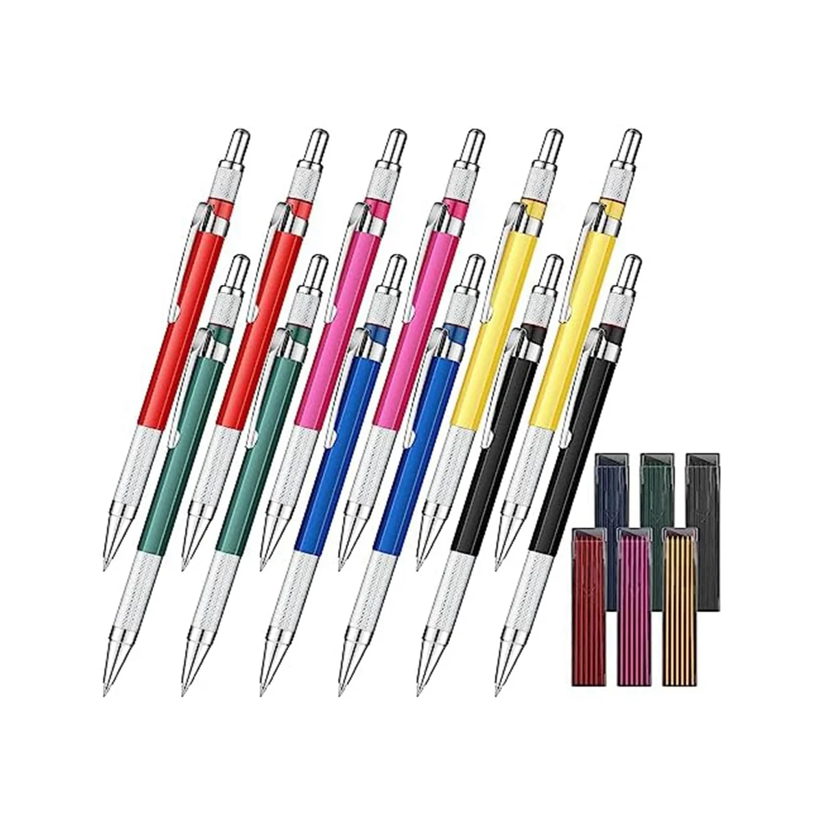 

12 Pcs Welders Pencil with 6 Boxes Round Refills Mechanical Pencils Metal Markers for Steel Welding Pen for Tube Pipe