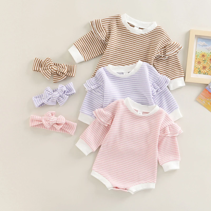 

Милый осенний свитер для новорожденных девочек комбинезоны одежда 3 цветов полосатый принт оборки длинный рукав вязаные комбинезоны повяз...