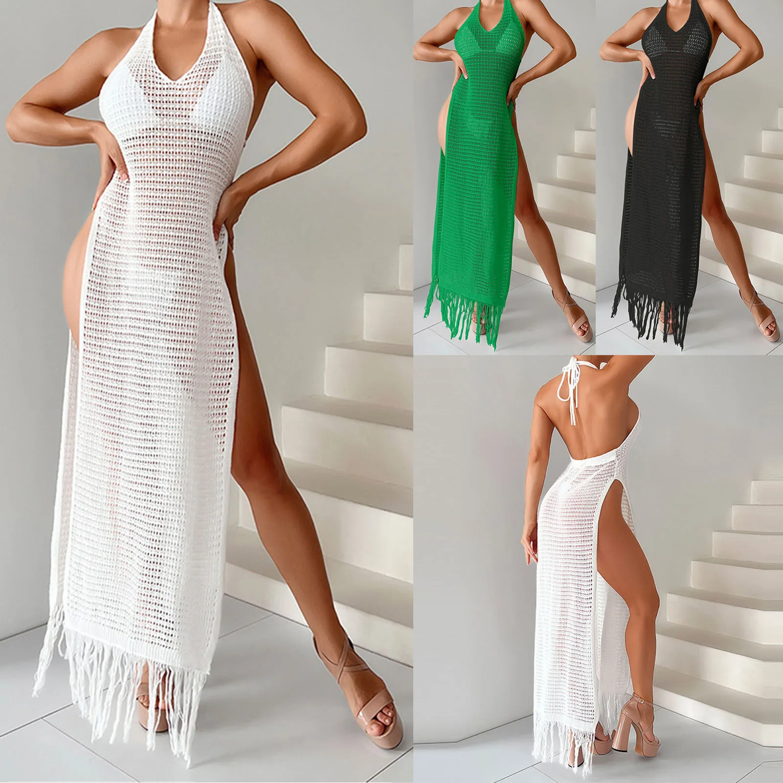 

Женский купальник-бикини с лямкой на шее, пляжные наряды, открытый купальный костюм с кисточками на подоле, накидка на купальник, пикантные накидки без рукавов, 2023