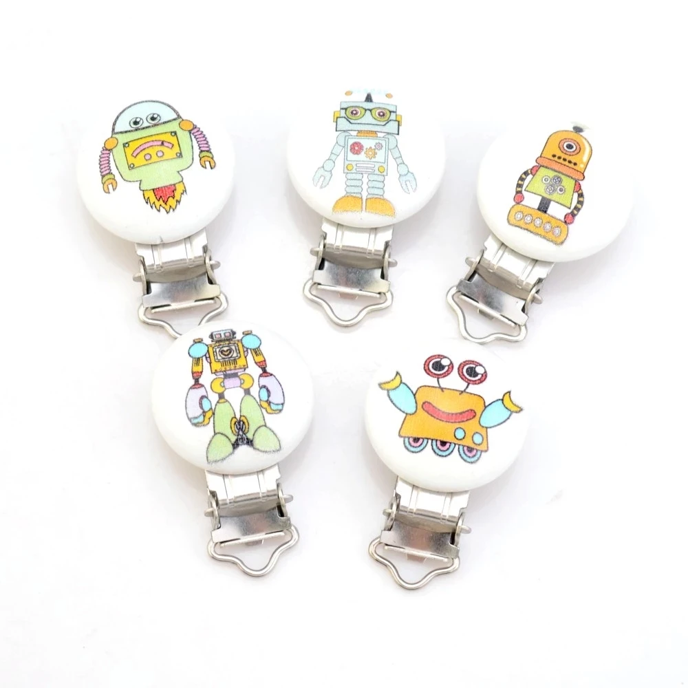 

5PCs Wood Baby Pacifier Clips Cartoon Space Radar Robot Metal Holders Cute Infant Soother Clasps Funny Accessories 4.8*2.9cm