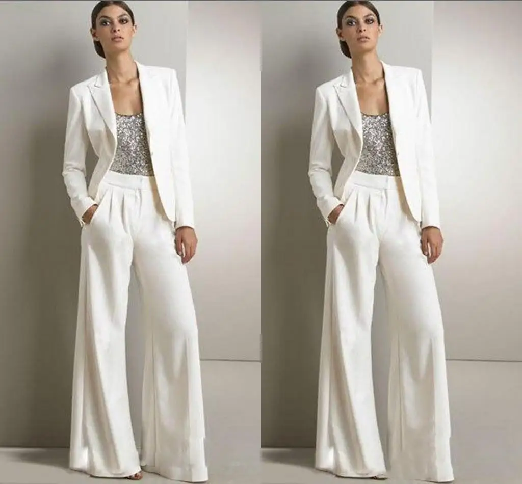 

New Bling Sequins Ivory White Pants Suits Mother Of The Bride Dresses Formal Chiffon Tuxedos Women Party Wear New Fashion