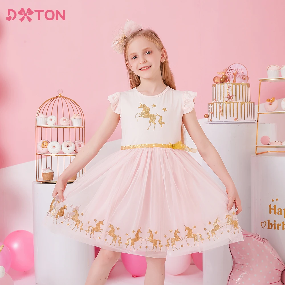 

DXTON Kids Summer Dress Girls Licorne Cartoon Print Dress Girls Birthday Party Princess Mesh Elegant Dresses Children Clothing