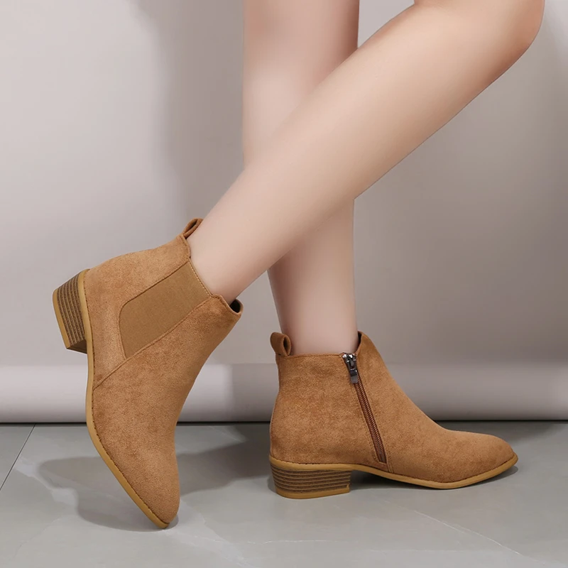 Women's Natural Suede Leather Elastic Patchwork Slip-on Flats Autumn Ankle Boots Square Toe Casual Short Chelsea Boots Shoes Hot