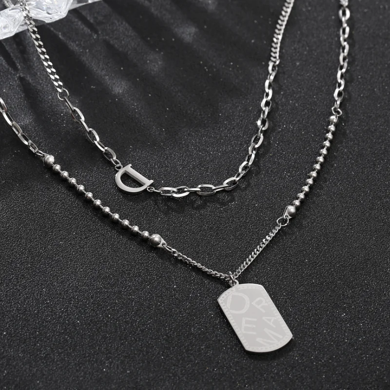 

Hip Hop Fashion Design Unisex Jewelry Titanium Steel Double Layered Clavicle Chain Square Pendant Necklace