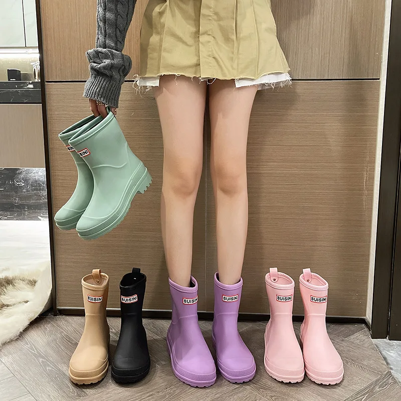 

Women Rain Boots Waterproof Non-slip Mid-calf Rainboots PVC Rubber Shoes Round Toe Kitchen Overshoes Fashion Botas De Mujer