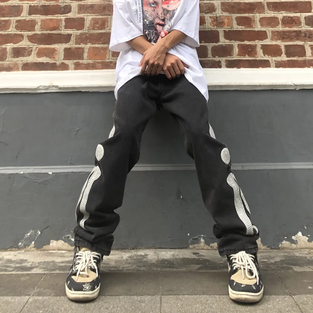 2021 Stylish  Skeleton Embroidery Punk Men Hip Hop Straight Jeans Trousers Loose Vintage Women Green Denim Pants Pantaloni Uomo