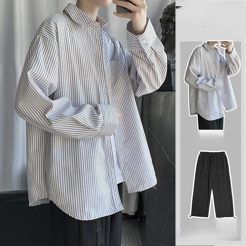 

2023 Spring Autumn New Fashion Suits Men Long Sleeve Casual Shirts and Pant Male Striped Loose Shirts Male Two-piece Sets F60