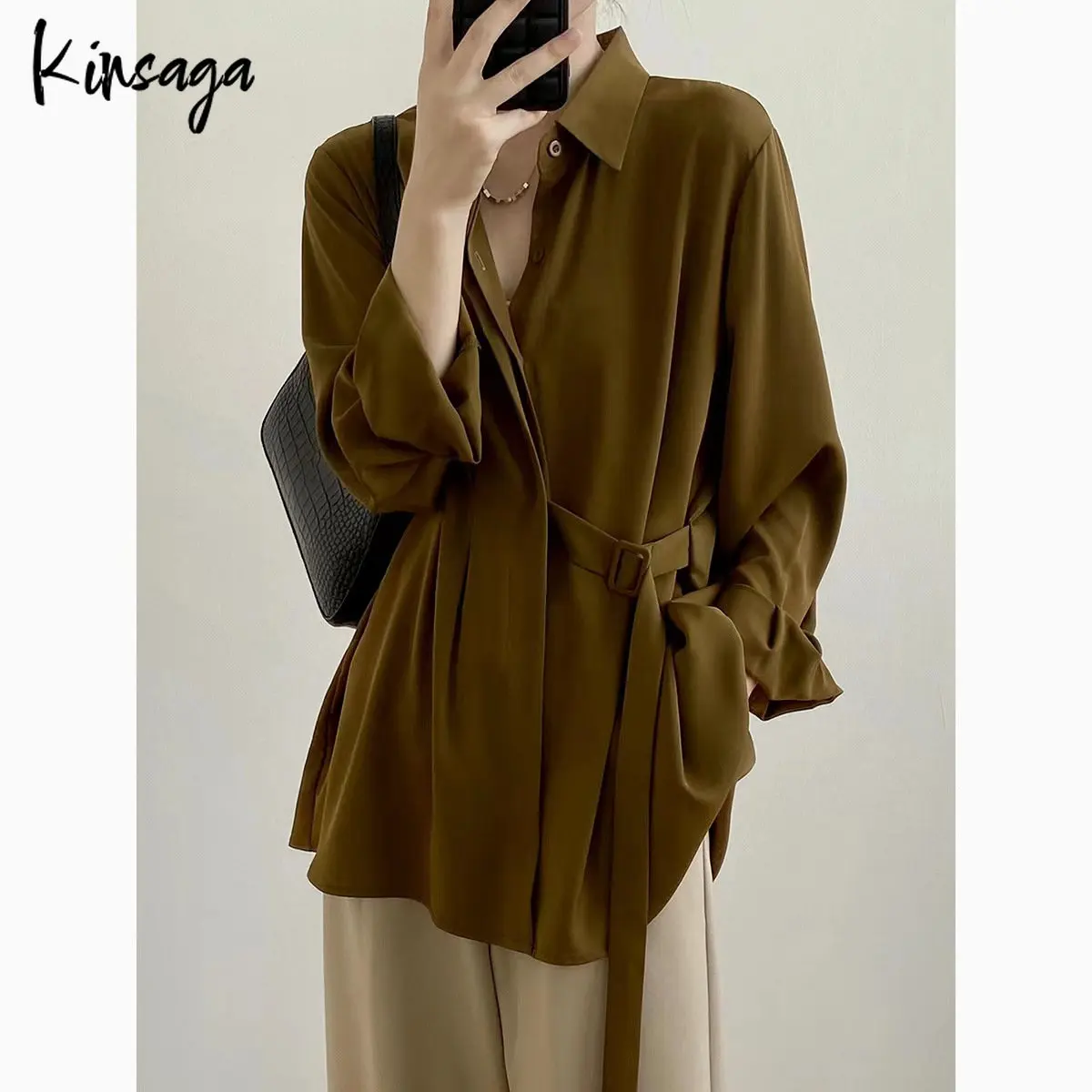 

Women Chi Loose Slouchy Belted Blouse Korea Office Lady Work Wear Blusa Victoriana Mujer Irrgular Lace Up Tunic One-Pieces Tops