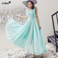 elegant fashion trends v neck solid color women clothing summer a line dress empire chiffon comfortable folds popularity 2022