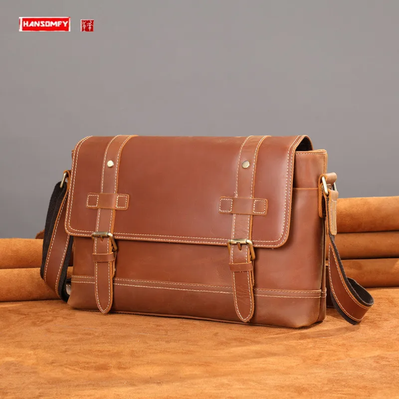 

Crazy Horse Leather Men's Bag genuinne Leather Messenger crossbody Bag Trendy First Layer Cowhide Single-Shoulder Bags Vintage