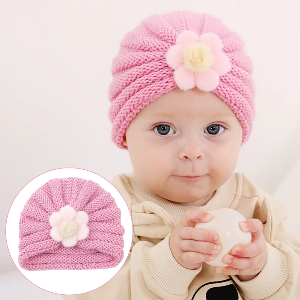 

Модные шапки в полоску для младенцев с цветами, мягкие вязаные шерстяные шапки, украшение для одежды, детский тюрбан, аксессуары, подарок на день рождения