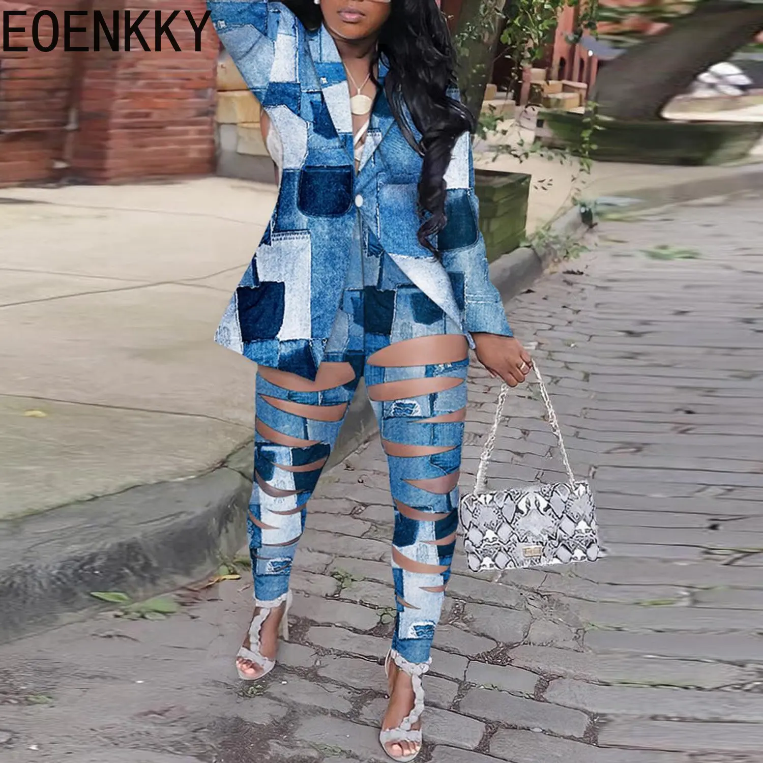 

Женский комплект EOENKKY, осенний комплект из двух предметов: куртка с леопардовым принтом и брюки с вырезами, сексуальная женская одежда, оптом