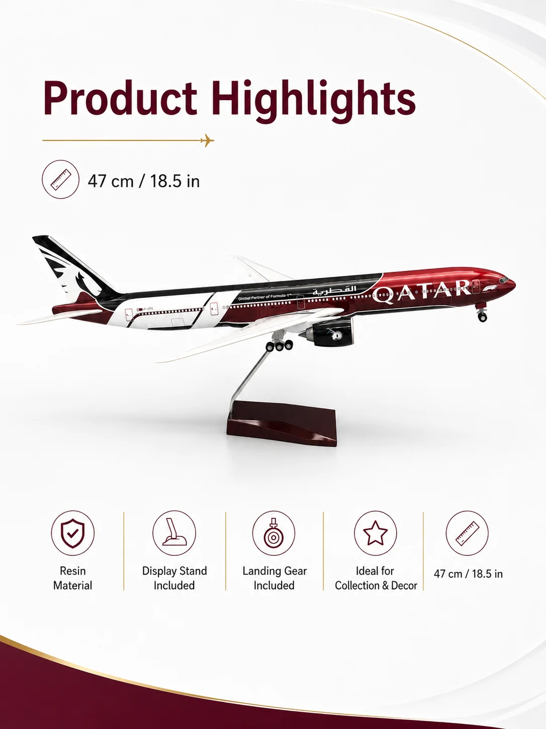 Фото Модель самолета Qatar Airways B777-300 из литой смолы, 47 см (18,5 дюймов), с подставкой и шасси, коллекционный экспонат №4