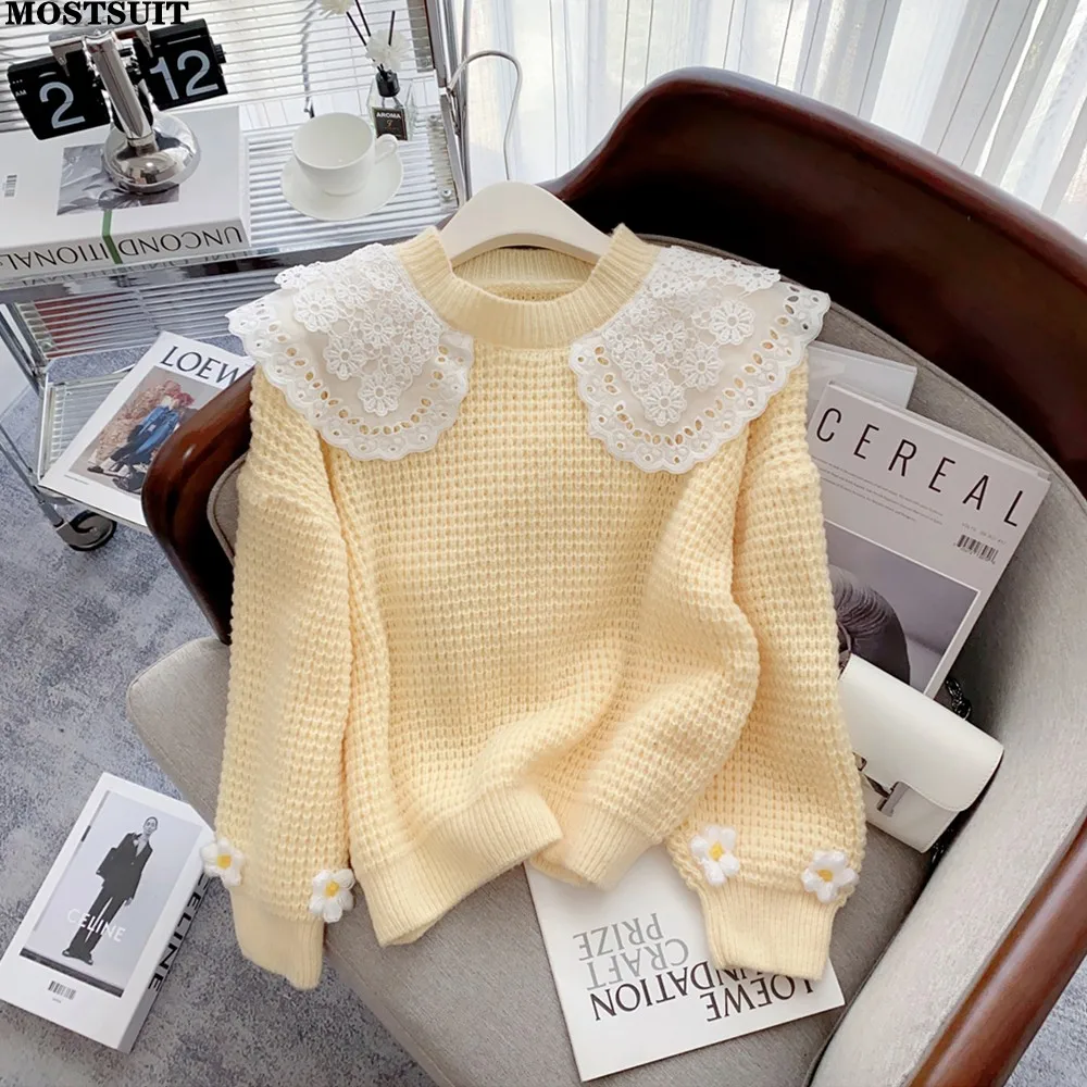 

Женский трикотажный свитер с кружевным воротником, укороченный пуловер с длинным рукавом и круглым вырезом, зима 2022