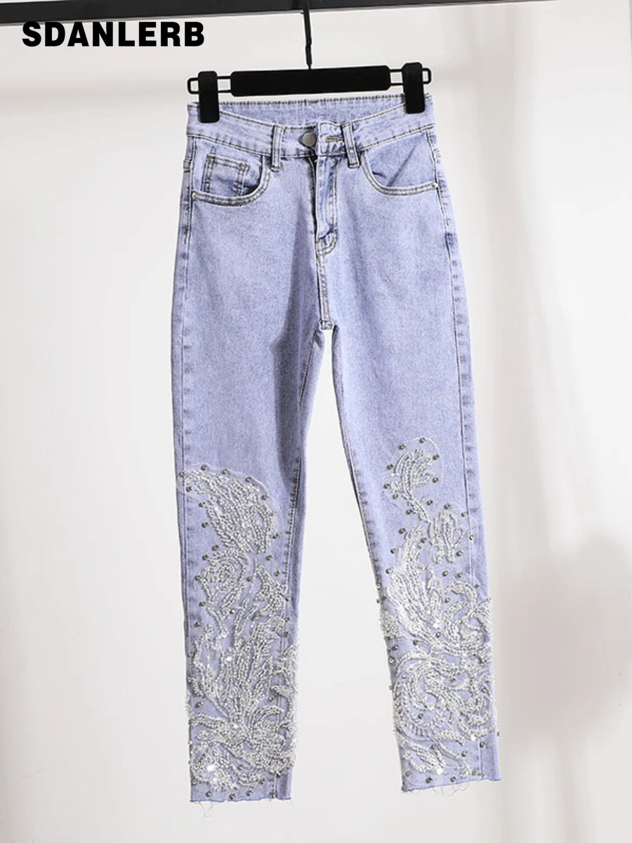 

2022 Spring Autumn New Denim Pants Light Color Design Sequined High Waist Trousers Slimming Straight Jeans for Women Fashion