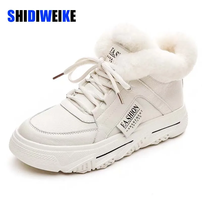 

Genuine Leather Winter Boots Women Sneakers New Plus Fur Snow Ankle Boots Women Casual Sports Shoes Female basket Big Size 40