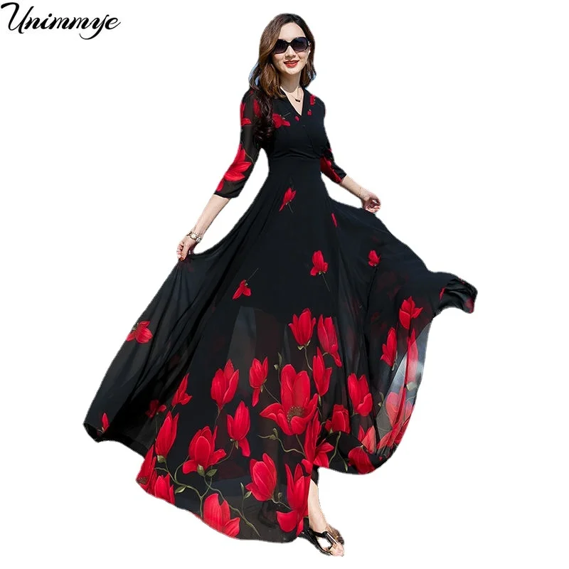 Женское шифоновое платье с цветочным принтом Черное длинное пляжное облегающее
