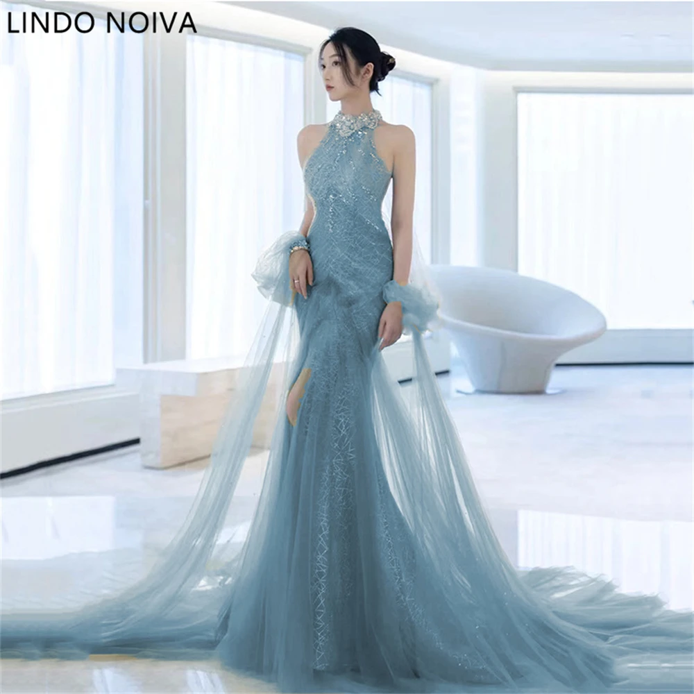 

Blue Halter Evening Dresses Mermaid Crystal Beading Ribbon Cape Sexy High Slit Sequined Tailing French Dubai Prom Party Gowns