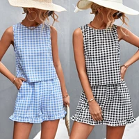 womens 2022 spring and summer new y2k style casual black and white plaid casual sleeveless shorts set
