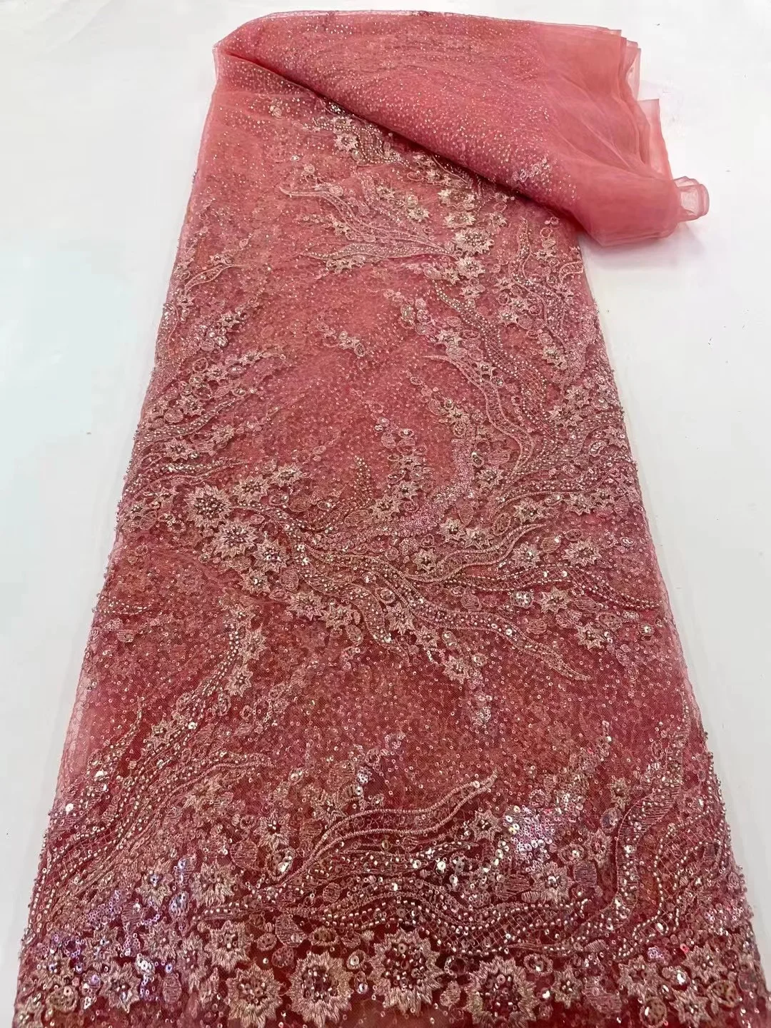 

Новое поступление 2023, французская сетчатая кружевная ткань с бисером, персиковая африканская Тюлевая кружевная ткань с блестками и вышивкой для вечернего платья