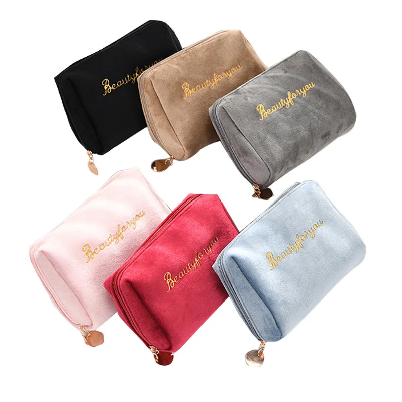 

Velvet Women Zipper Cosmetic Bag Travel Large Toiletry Bag for Makeup Solid Color Letter Print Female Beauty Make Up Case Pouch
