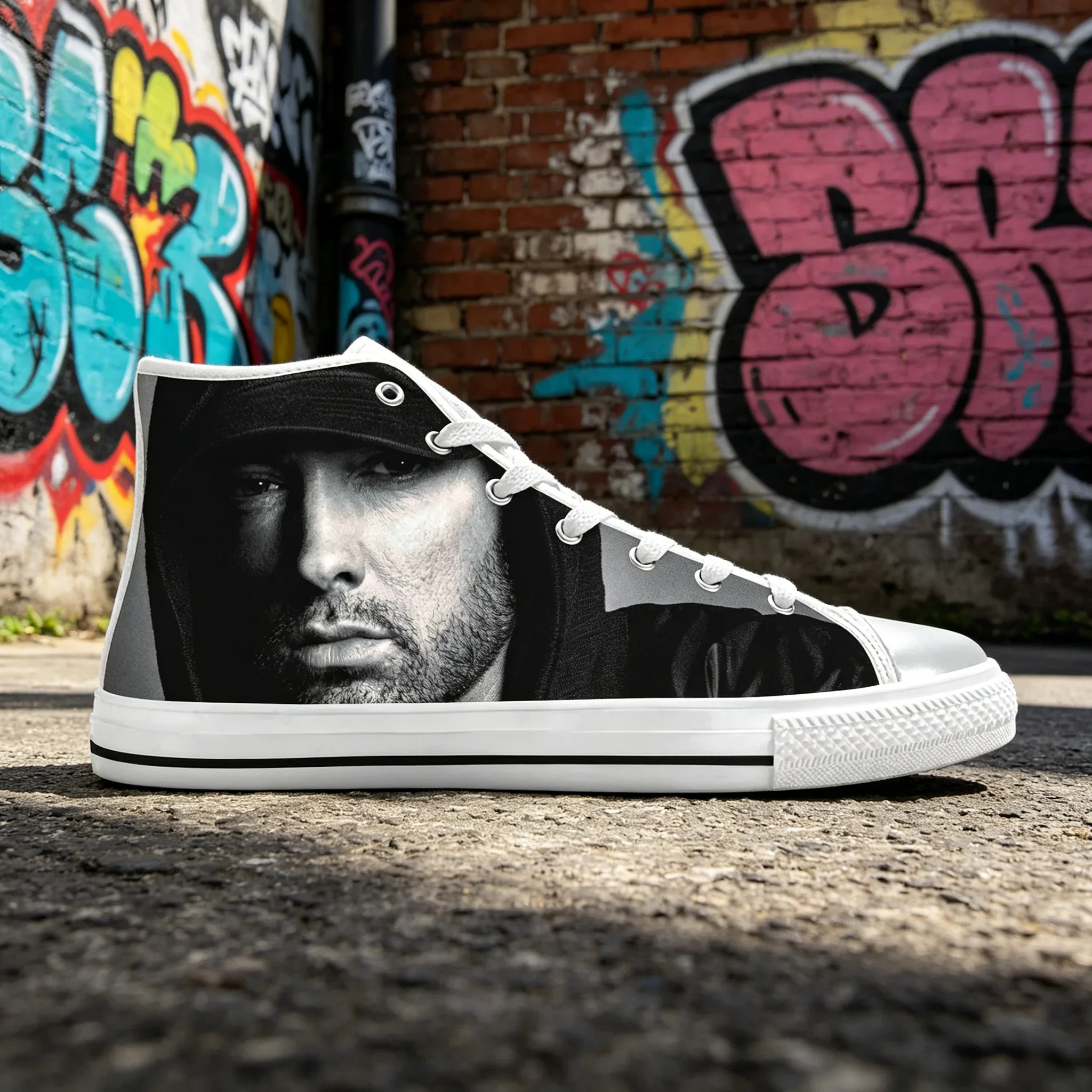 Фото Кроссовки Eminem Custom High Top с принтом хип-хоп рэпера, легкие, дышащие, унисекс, для уличной моды, повседневная обувь. №2