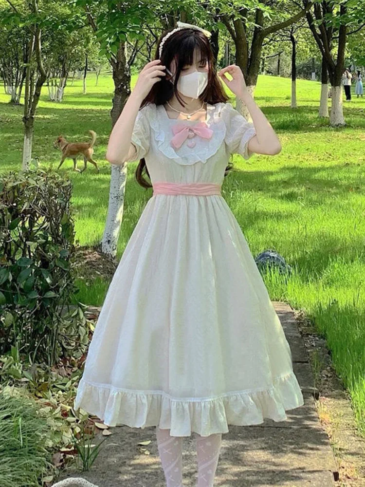 

CON Classical Bow Lolita Dress Soft Girls Short Sleeve Sweet Cute Casual Daily Kawaii Party OP Dress Women
