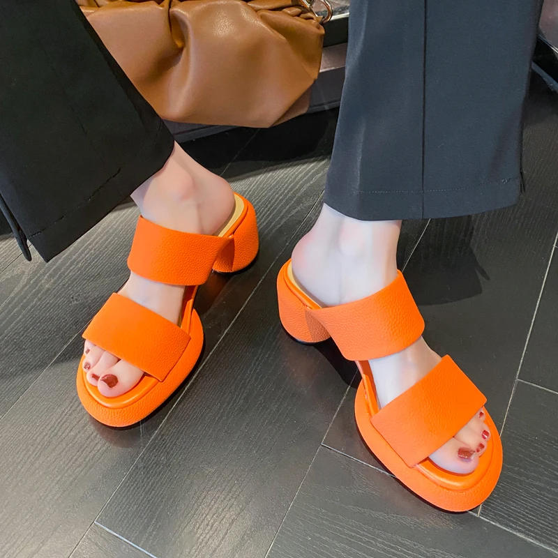 

Women Slippers Summer 2022 New sexy Chunky Heel Brand Slipper Open Toe High Heels Dress Sandals Ladies Outdoor Beach Shoes