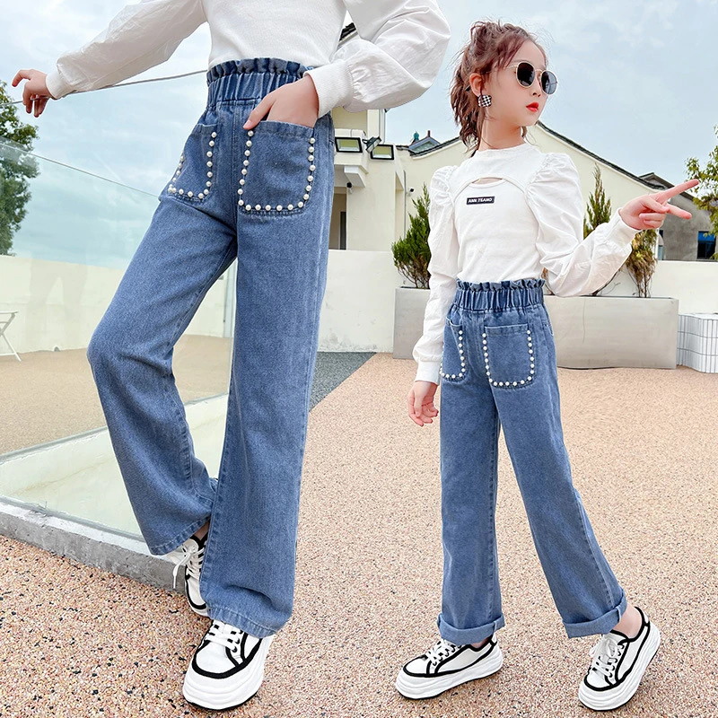 Джинсы-клеш с жемчужинами и карманами для девочек-подростков, детские джинсы с эластичным поясом, детские брюки, детская одежда для девочек,...