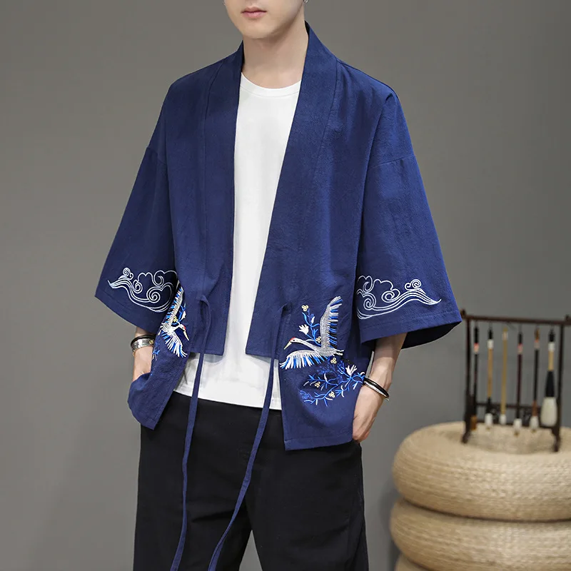 

Китайский мужской кардиган-кимоно, халат, новинка весенне-летнего сезона, хлопковый Халат Тао, повседневное пальто Hanfu большого размера 3XL-5XL...