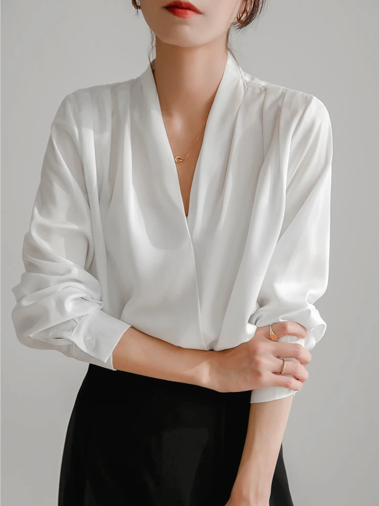 

Solid White Shirt Women Blouses Long Sleeve Deep V neck Fashion Top ruffled Smooth Satin Anti Wrinkle Camisa Mujer Summer 2022